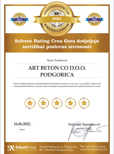 sertifikat o izvrsnosti art beton podgorica 